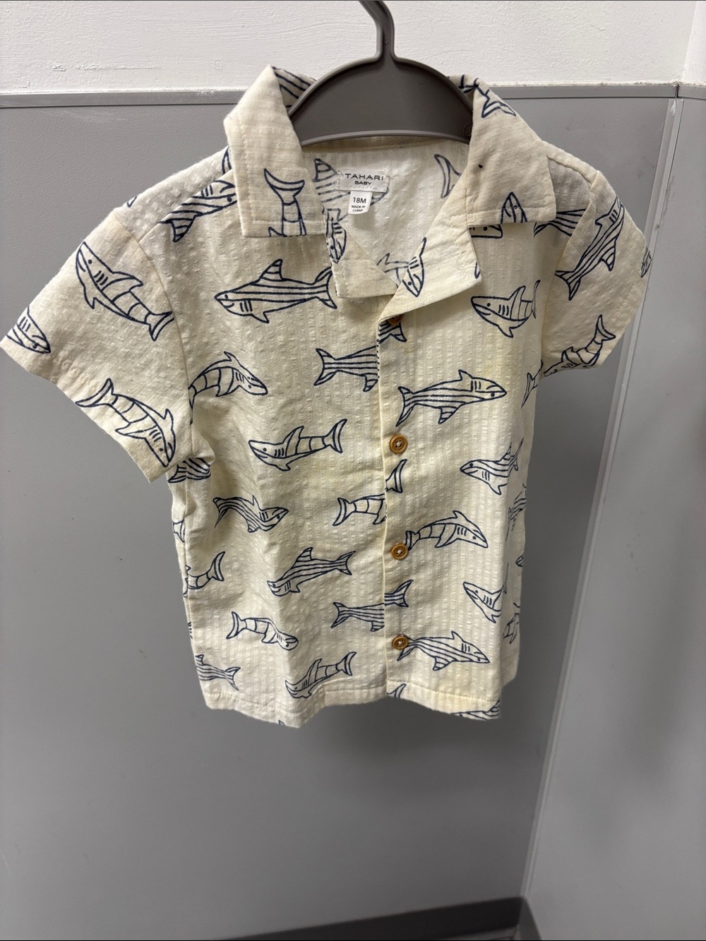 Tahari Kids Navy Shark Print on Cream Button-Up Shirt